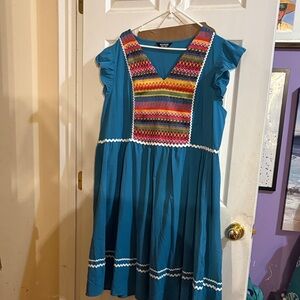 BloomChic Teal Dress with Multicolor Embroidery